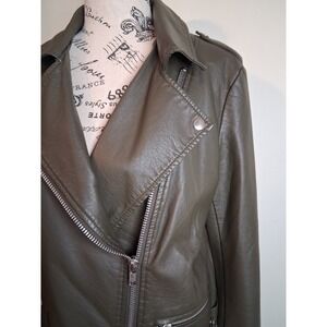 Forever 21 Olive Green Faux Leather Moto Biker Jacket Silver Zip Epaulettes